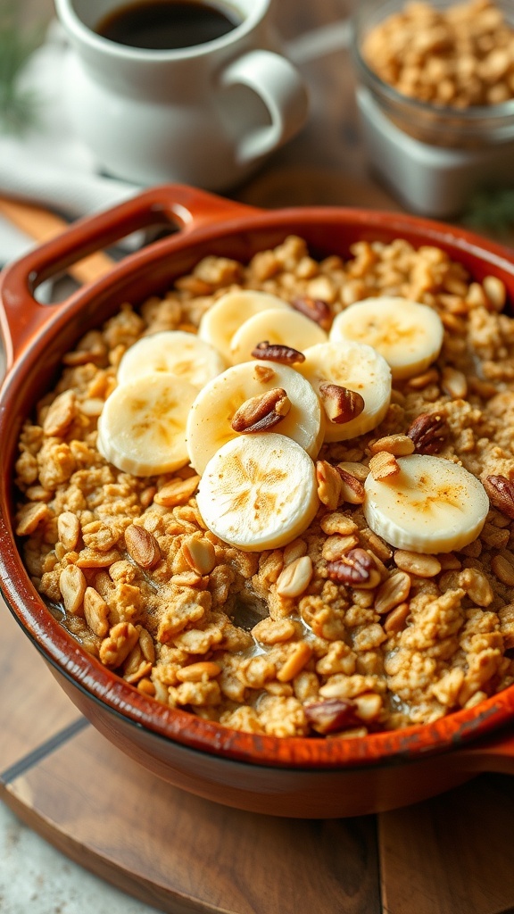 Banana Baked Oatmeal Recipe A bowl of banana baked oatmeal topped with banana slices and nuts, served in a rustic dish.